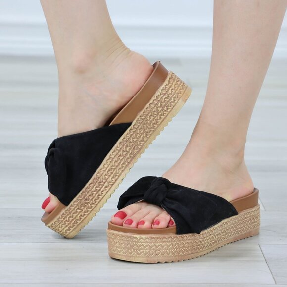 Suede Black Bow Comfort Platform Sandal Slip On Sliders - Picture 5 of 12